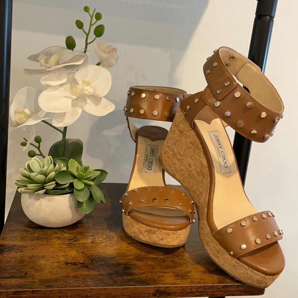 Jimmy Choo Nelly Gold Studded Cork Wedge Sandals